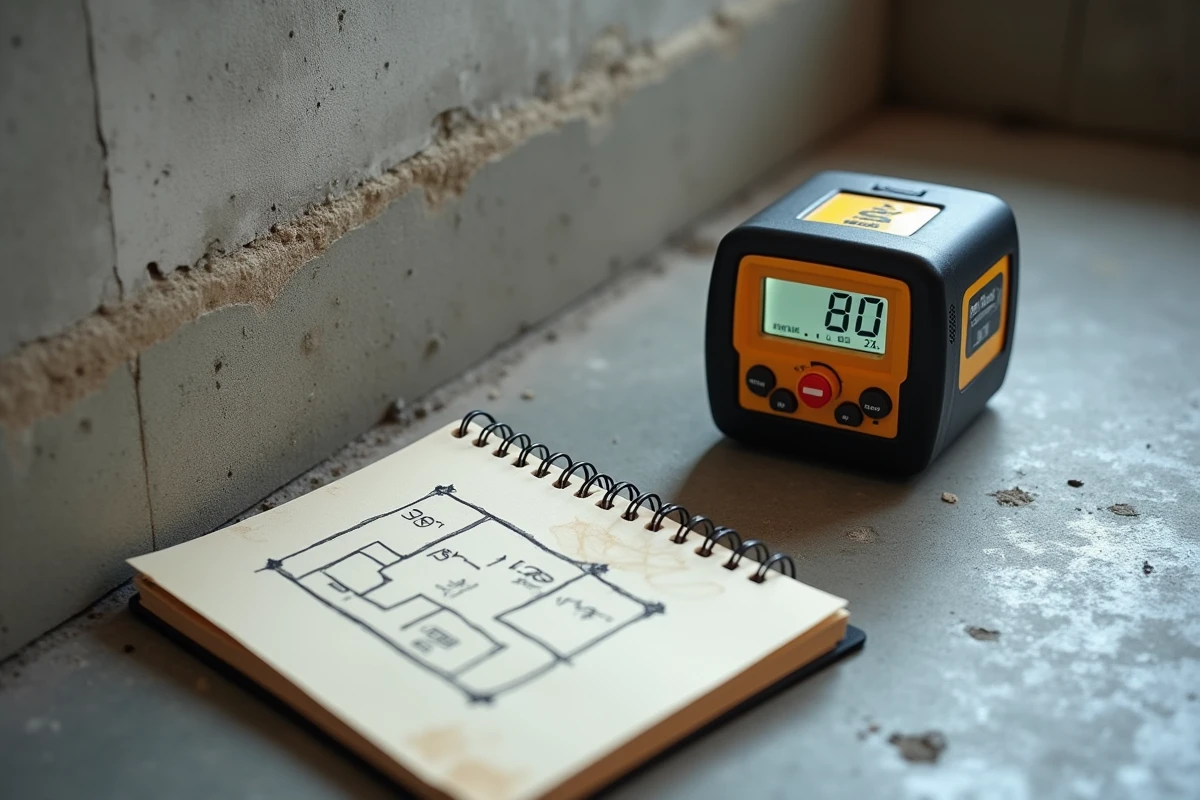 Télémètre laser et carnet de notes pour mesurer la surface loi Carrez d'un studio avec plafond bas
