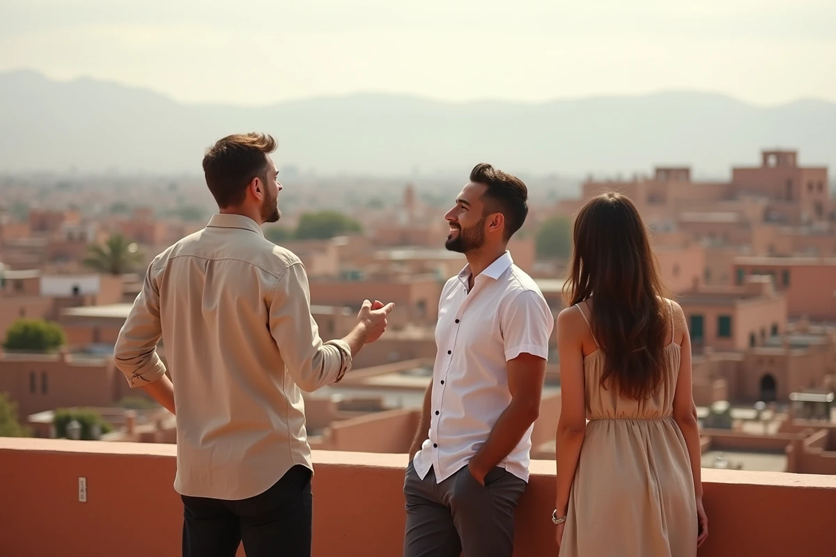 Agent immobilier présentant une terrasse avec vue panoramique sur les toits de la médina de Marrakech à des acheteurs potentiels