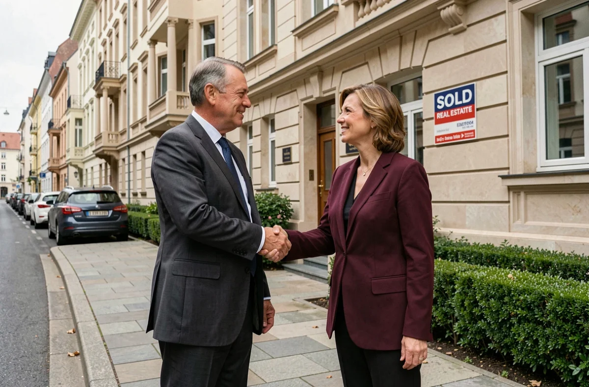 Deux professionnels de l'immobilier concluant une transaction de marchand de biens devant un immeuble rénové avec récupération de TVA