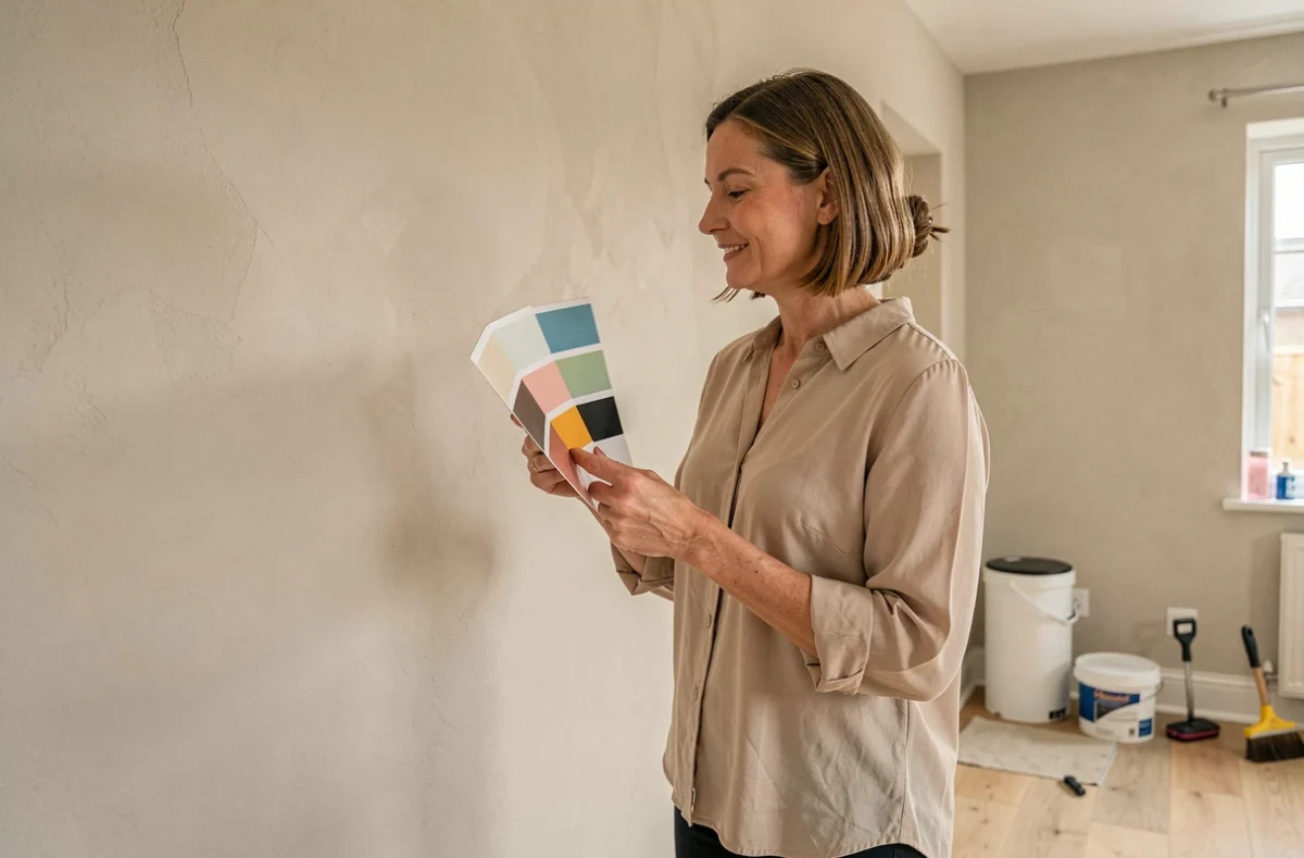 Spécialiste d'Unidecor présentant des échantillons de couleurs dans un salon fraîchement rénové