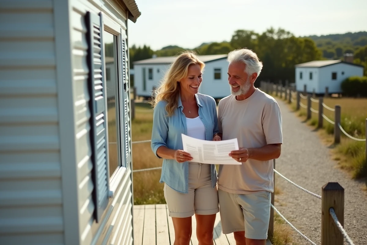 Couple examinant des documents de vente d'une parcelle avec mobil-home dans un camping en Vendée
