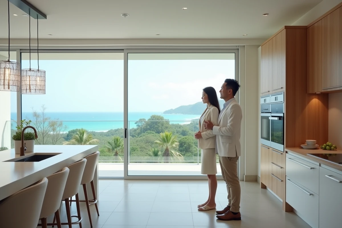 Agente immobilière thaïlandaise présentant un appartement en bord de mer à Phuket à un couple d'investisseurs étrangers hésitants