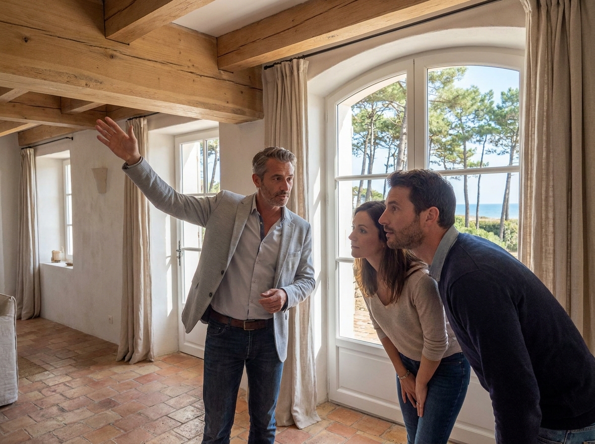 Agent immobilier présentant une maison en bord de mer à un couple lors d'une visite en Vendée