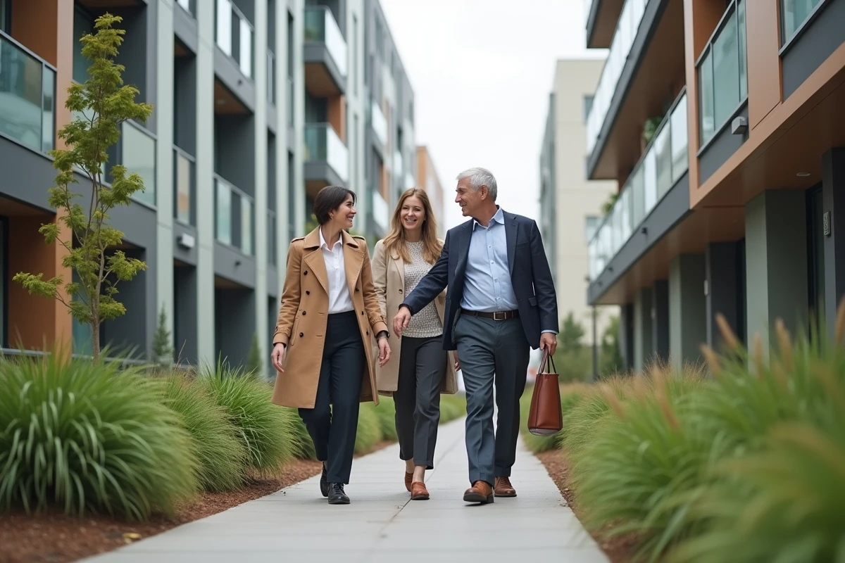Groupe de professionnels visitant un programme immobilier durable avec façade végétalisée et matériaux recyclés dans le cadre d'une démarche RSE