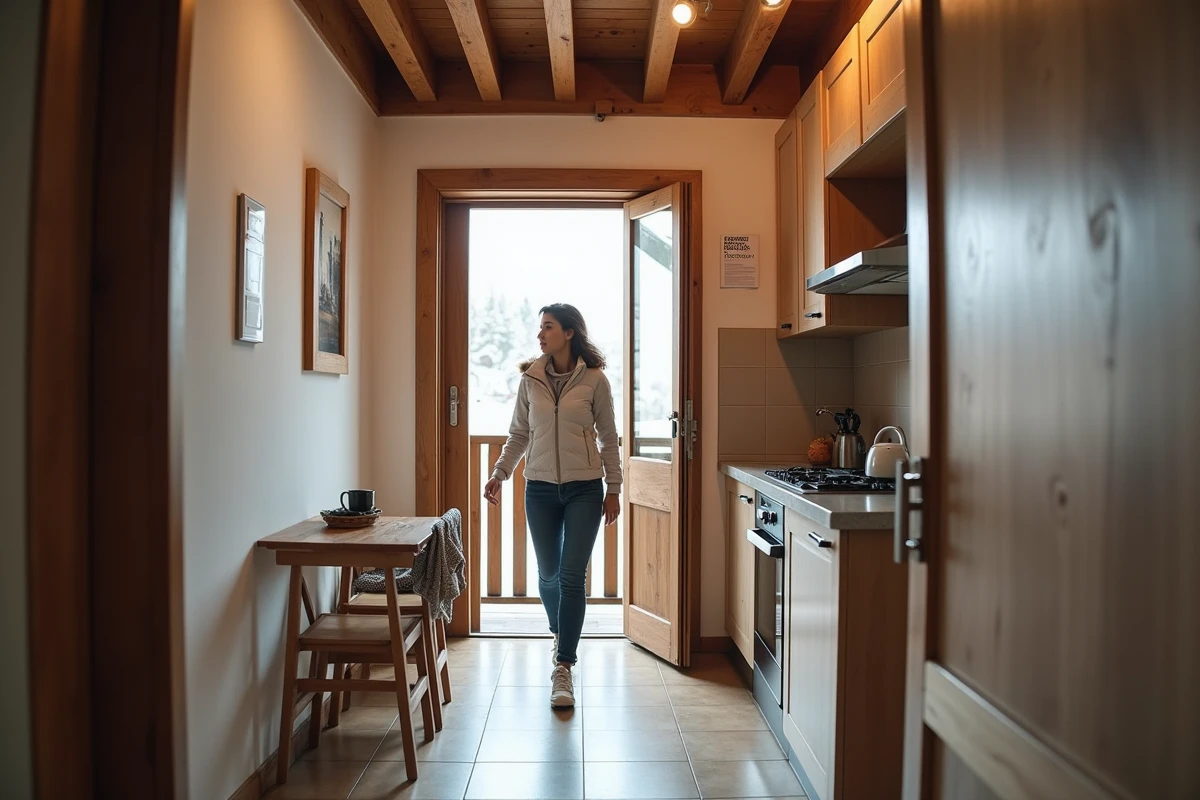 Femme visitant un studio à vendre dans une résidence de ski aux Menuires avec affichage du prix immobilier