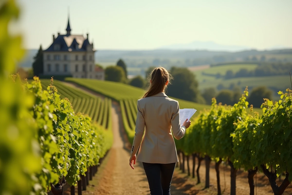 Femme en visite d'une propriété viticole à Bordeaux tenant un plan de financement, avec un château viticole en arrière-plan
