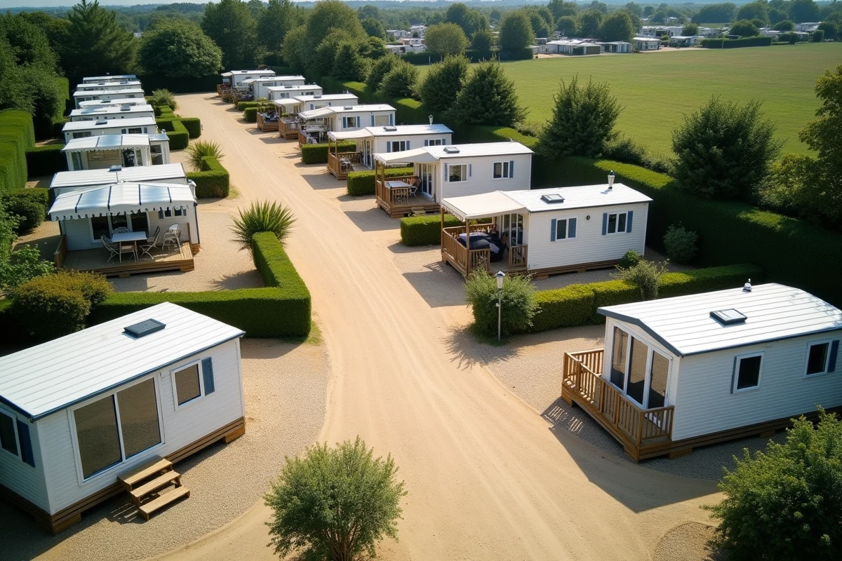 Vue aérienne d'un camping vendéen avec plusieurs parcelles de mobil-homes ouvert à l'année