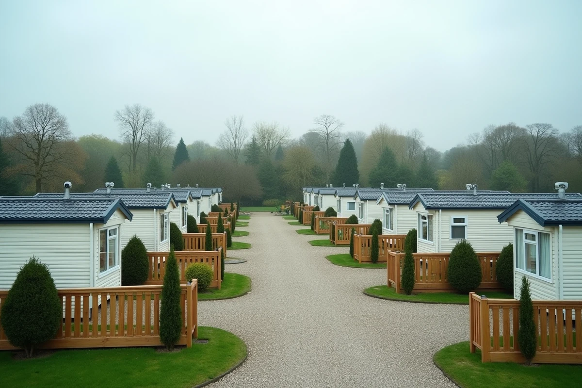 Vue d'ensemble d'un parc résidentiel de loisirs avec parcelles délimitées à vendre